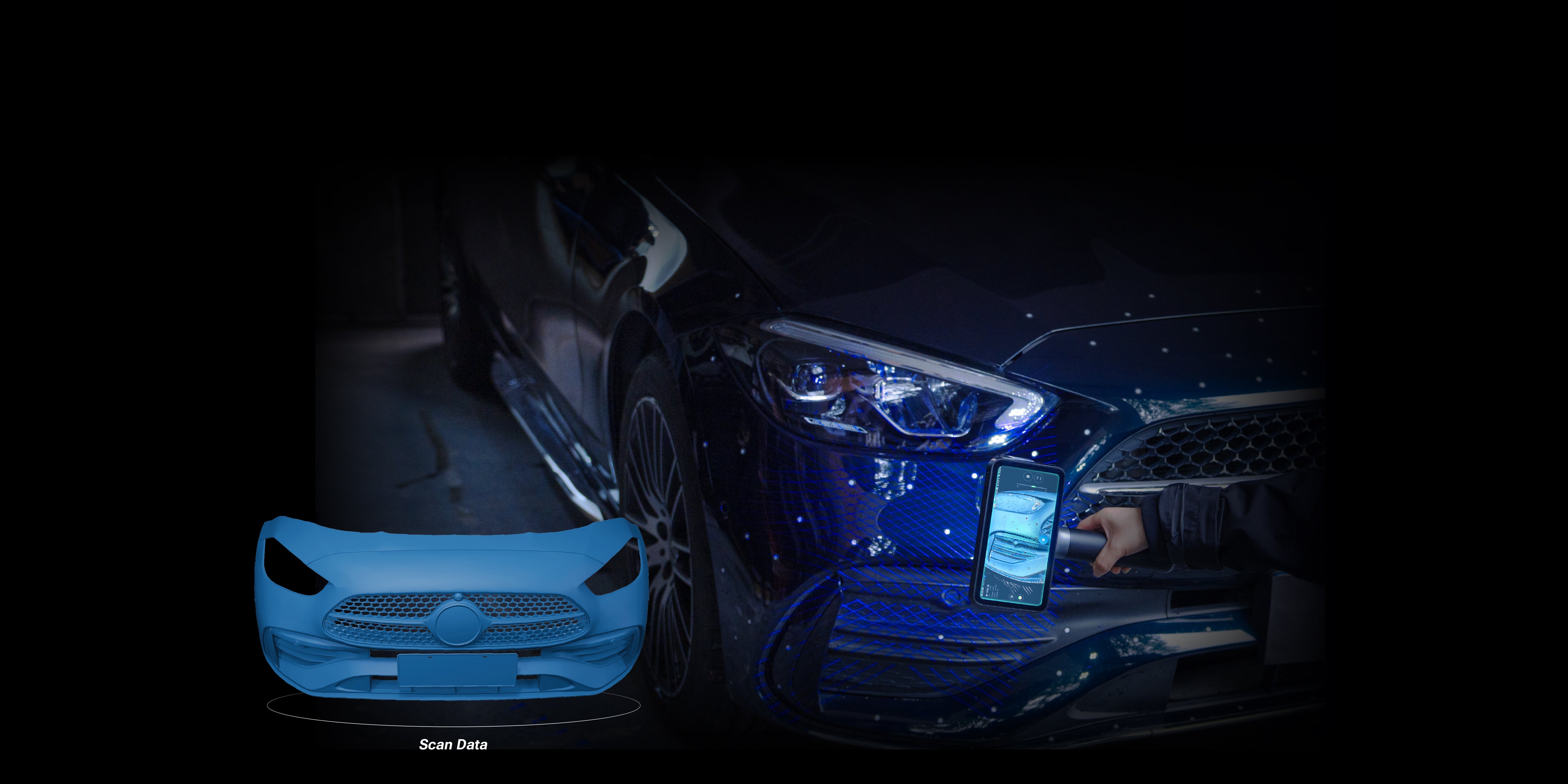 EinScan Rigil Lite 3D scanner capturing car bumper scan