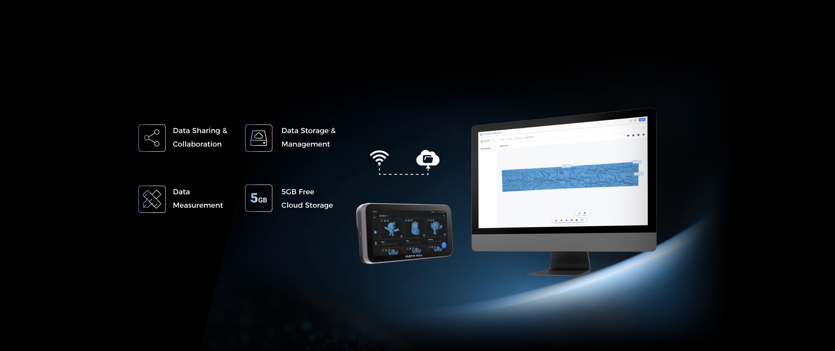 SHINING 3D Cloud platform with data sharing, measurement tools, and secure storage