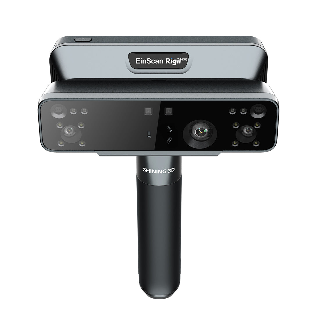 SHINING 3D EinScan Rigil Lite 3D scanner capturing its compact design and scanning head for detailed 3D modeling.