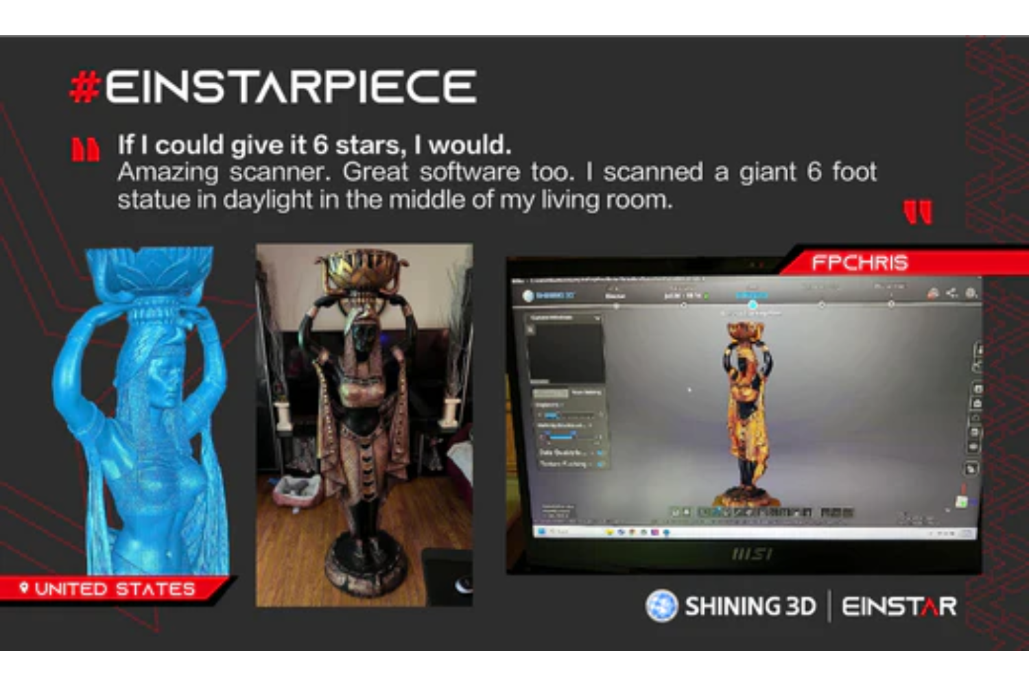 Review of the Einstar 3D scanner showcasing its ability to scan a large 6-foot statue in daylight
