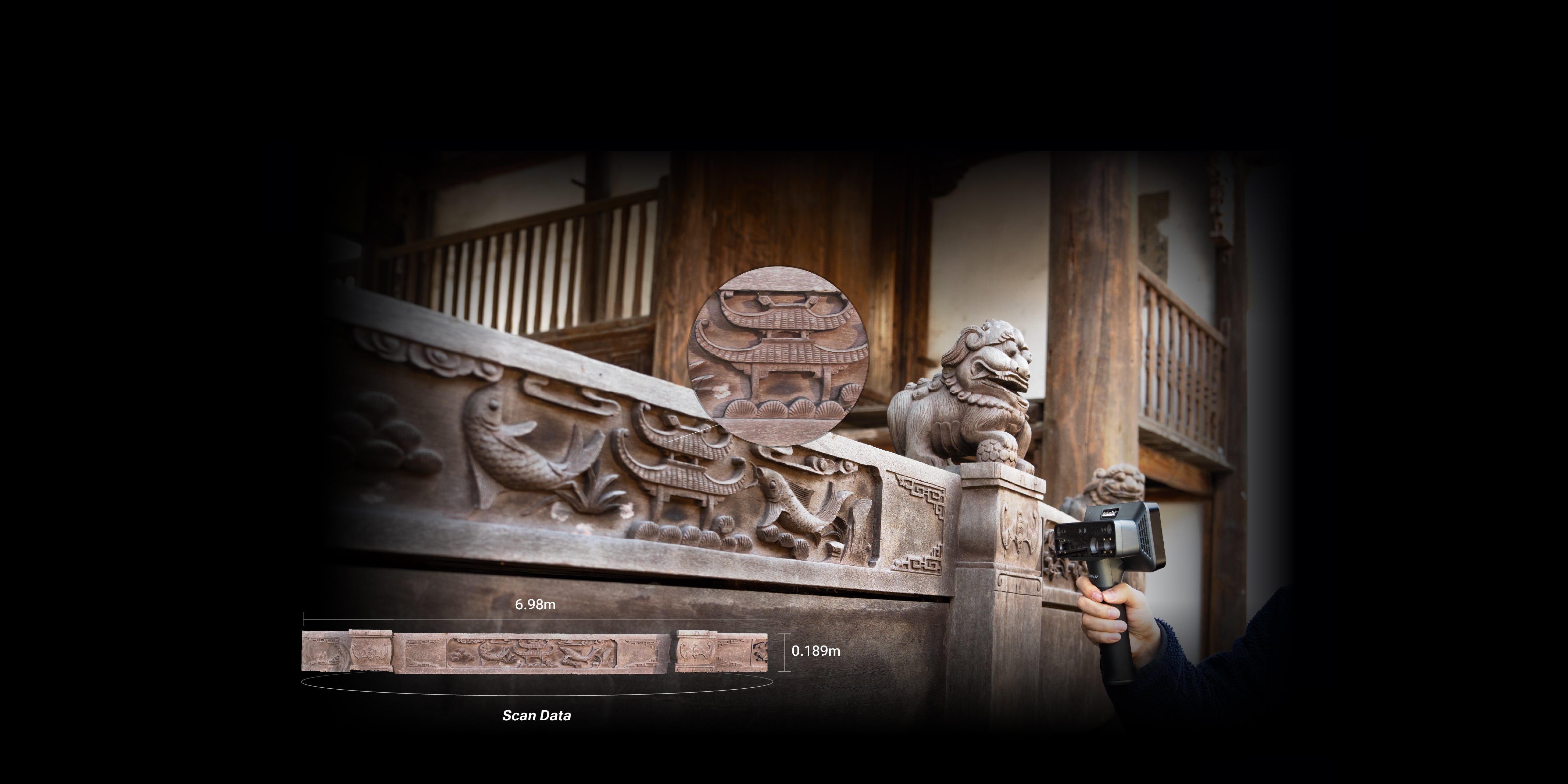 EinScan Rigil Lite scanning outdoor carved stone railing