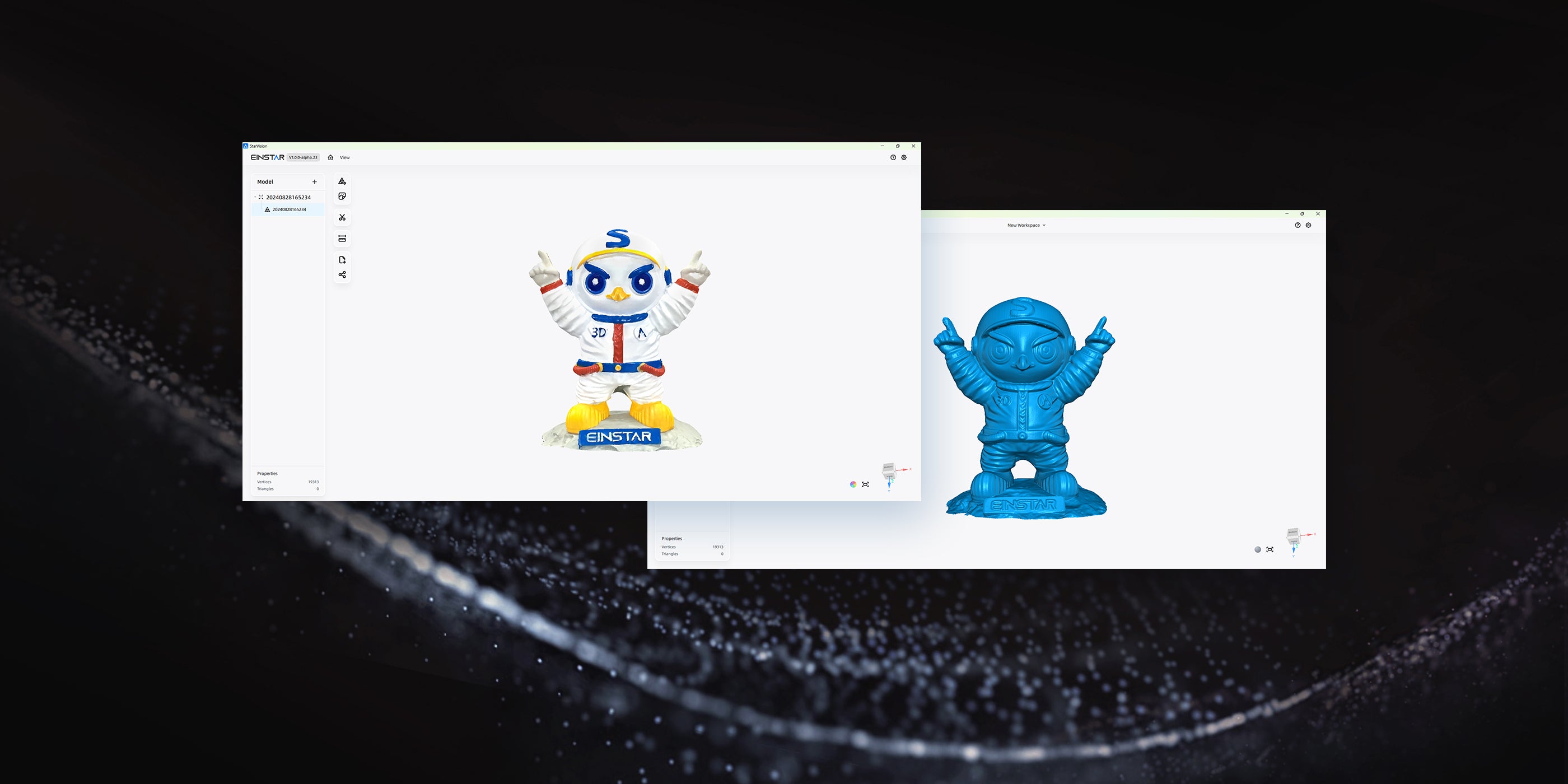 PC software Starvision displayed on screens, showcasing 3D models of characters. Compatible with Windows and Mac OS for versatile use.