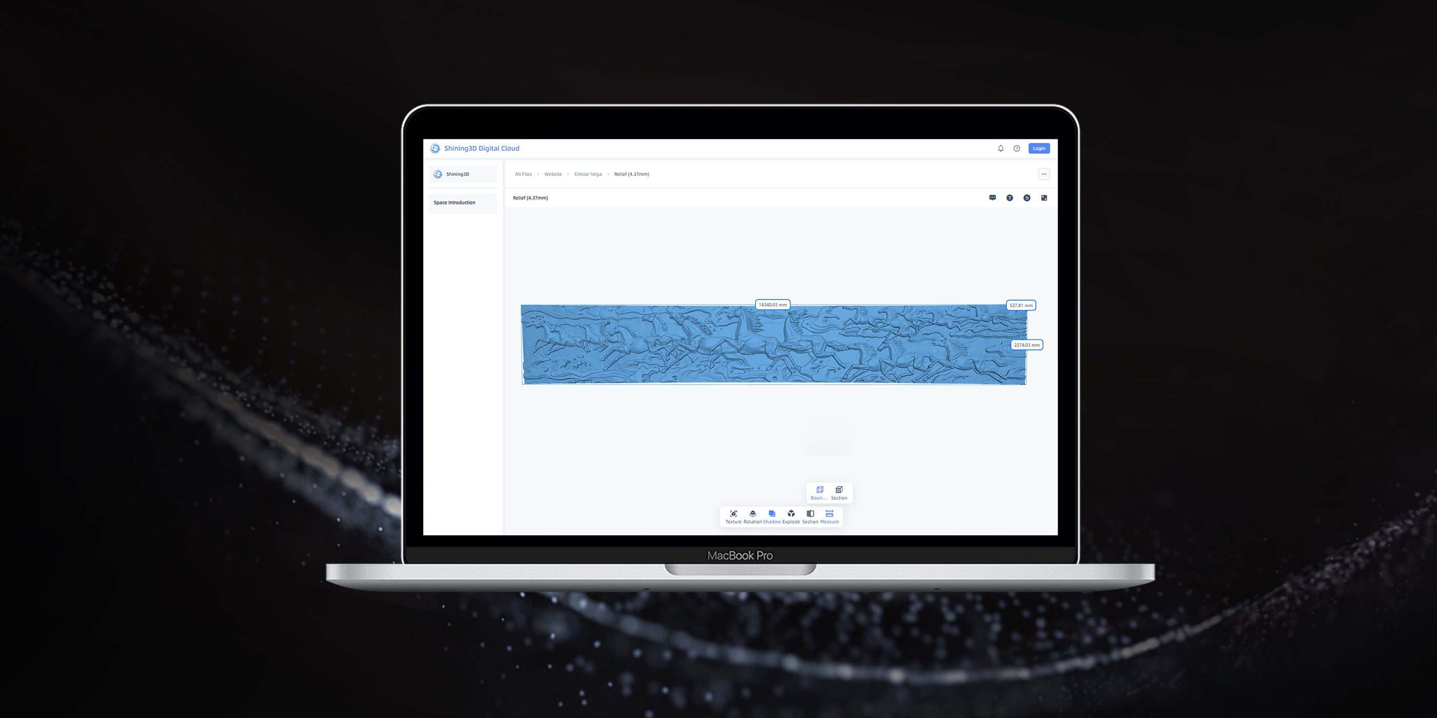 Laptop displaying SHINING 3D Cloud interface with features for data sharing, collaboration, storage, management, and measurement. Offers free 5GB space to each user.