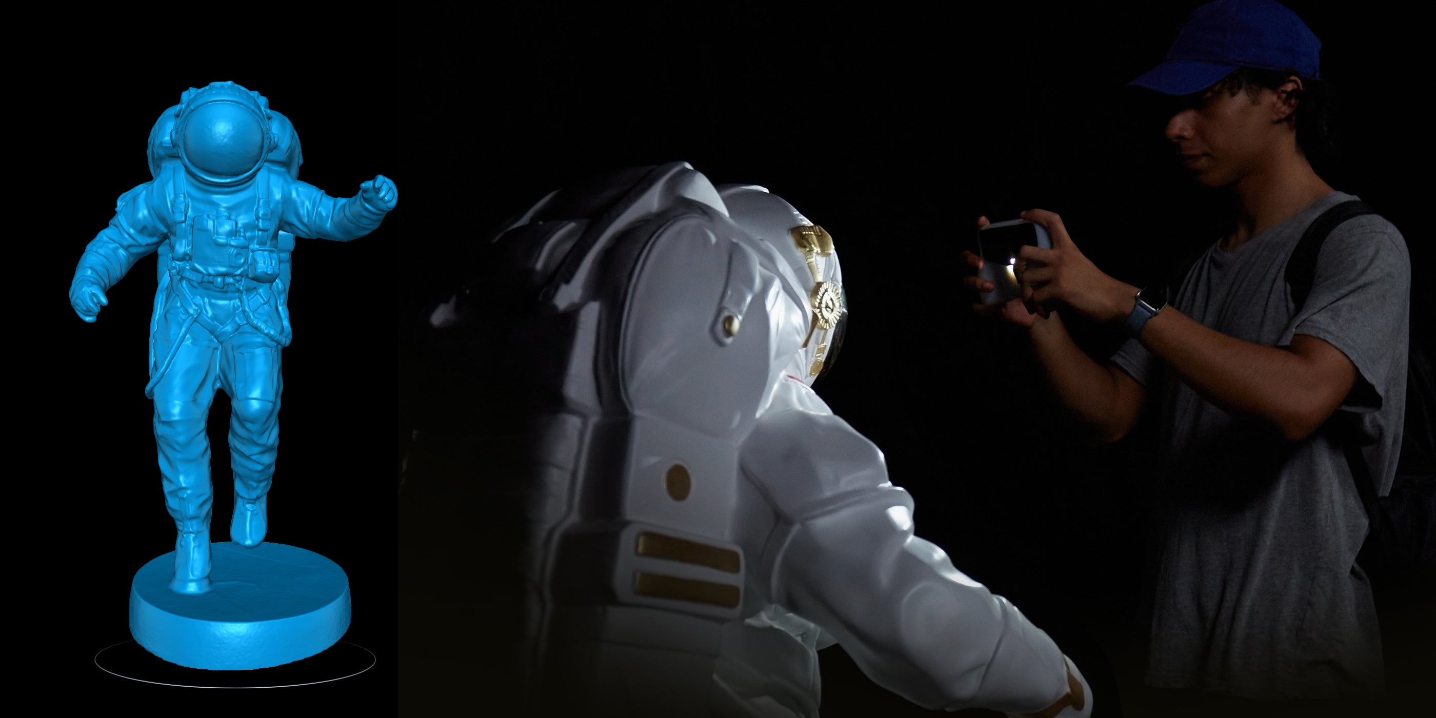 Young man scans astronaut model at night with EINSTAR VEGA, showcasing 'Smooth Scanning Anytime' and 'Night Scan Without Limits'.