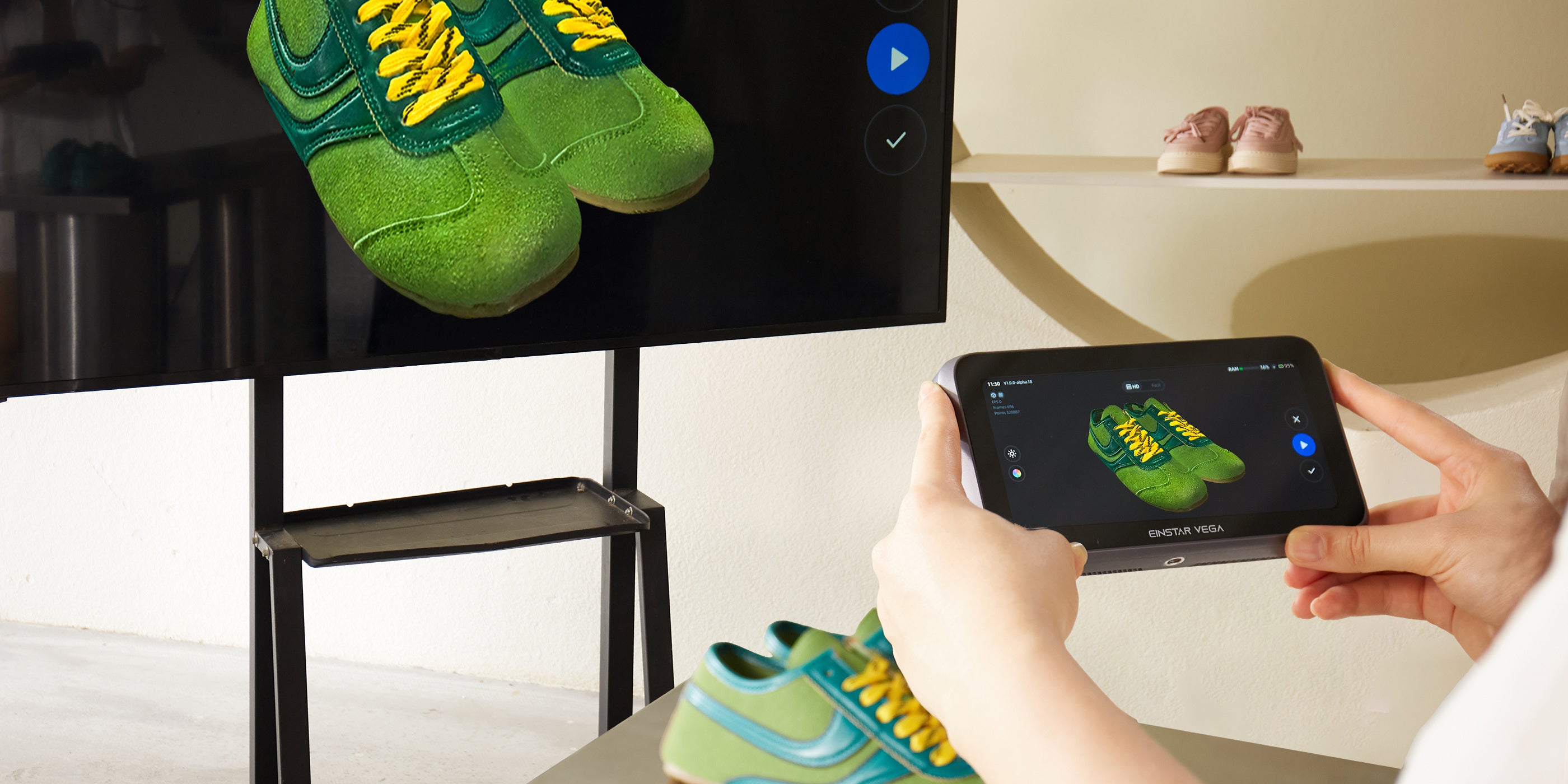 User using EINSTAR VEGA to wirelessly scan green shoes, showcasing wireless scanning, data transfer, and projection features.