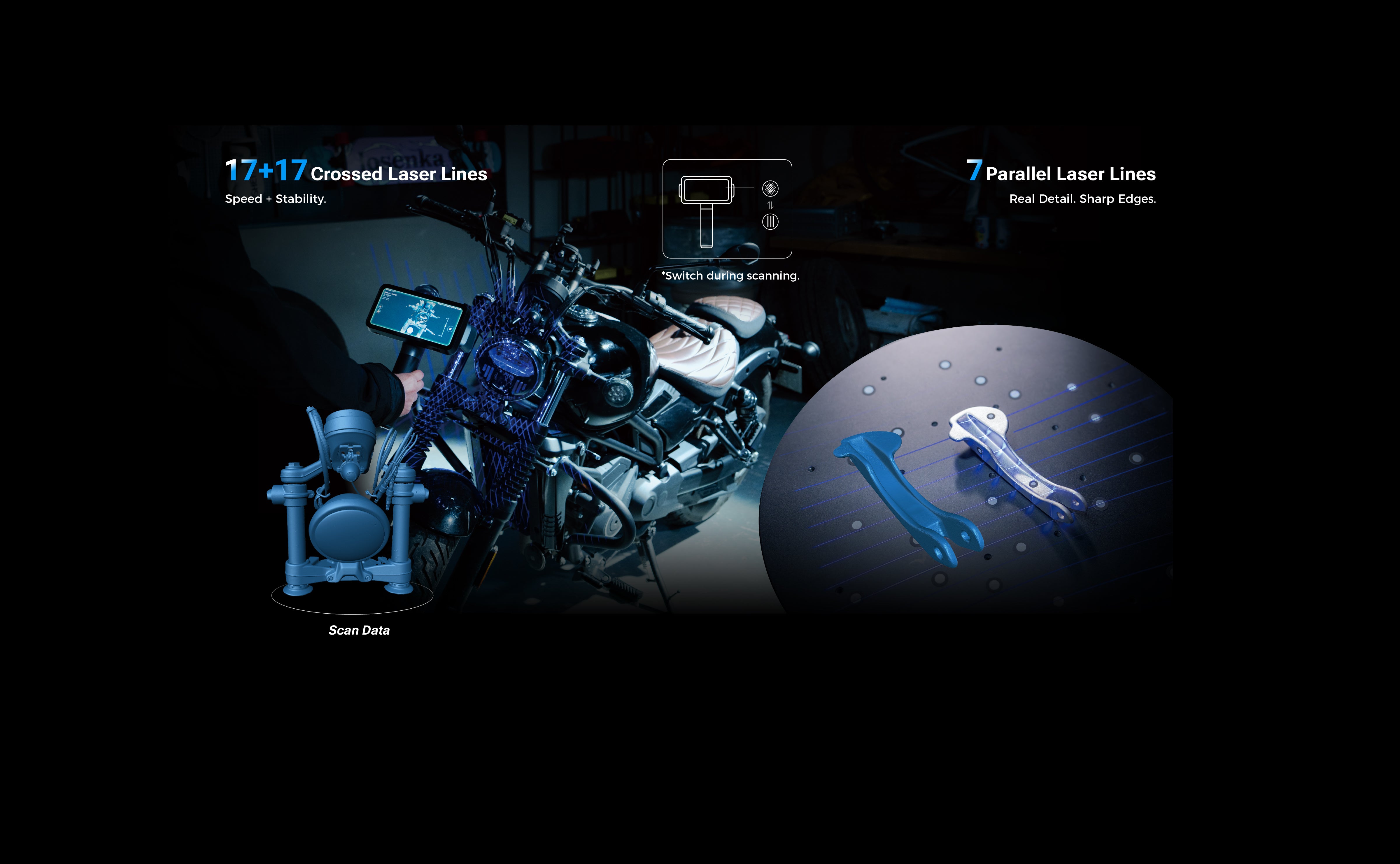 EinScan Rigil Lite crossed and parallel laser lines for motorcycle scanning