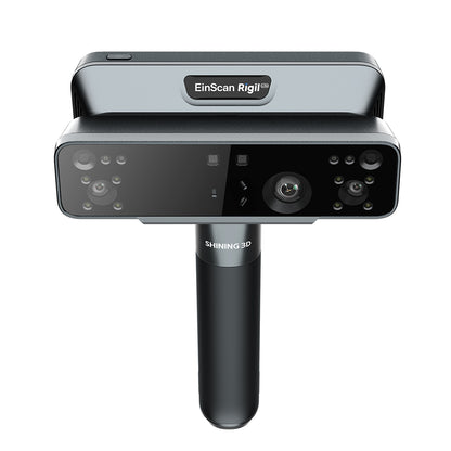 SHINING 3D EinScan Rigil Lite 3D scanner capturing its compact design and scanning head for detailed 3D modeling.