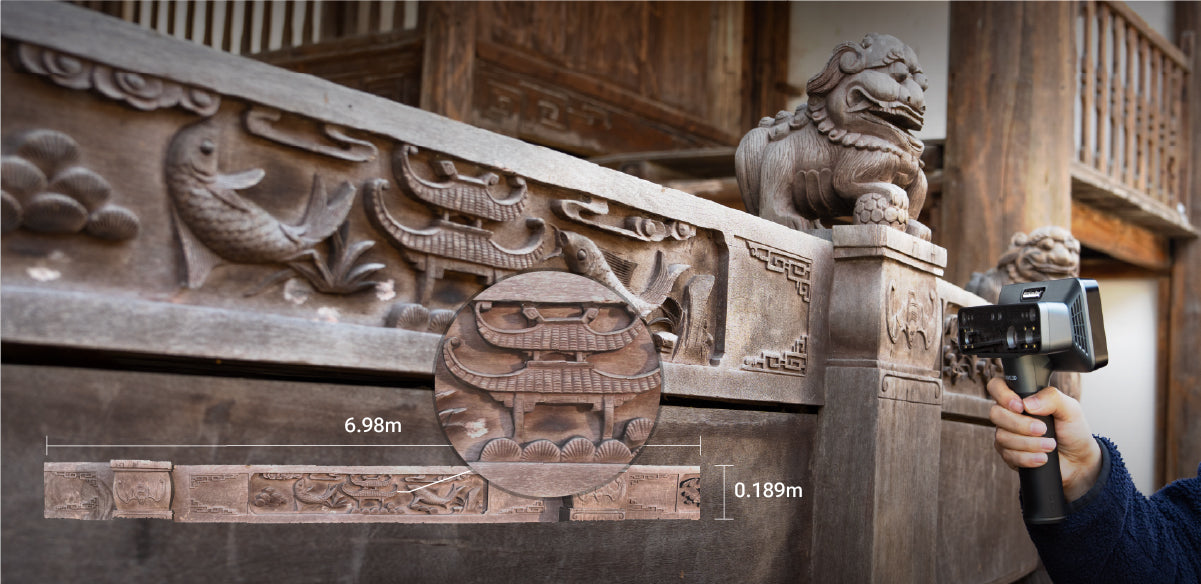 EinScan Rigil Lite scanning outdoor carved stone railing